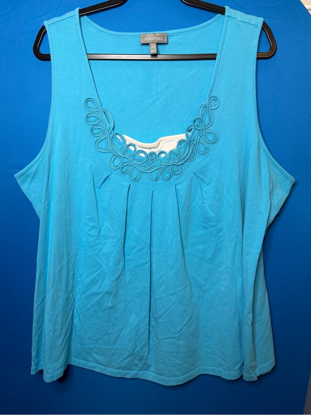 Essentials | Blue Scoop Neck Tank with Loop Trim | Size 2X